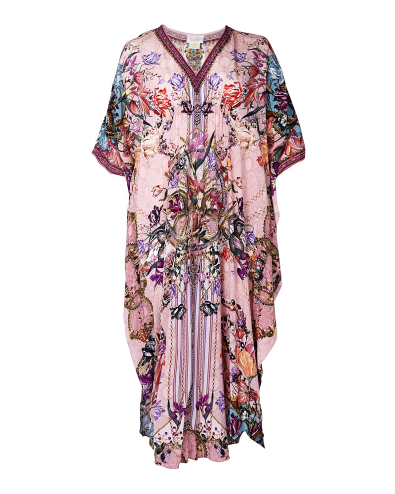 Front of a size one-size-fits-all Imani Gathered Waist Kaftan in PINK by Camilla. | dia_product_style_image_id:295153